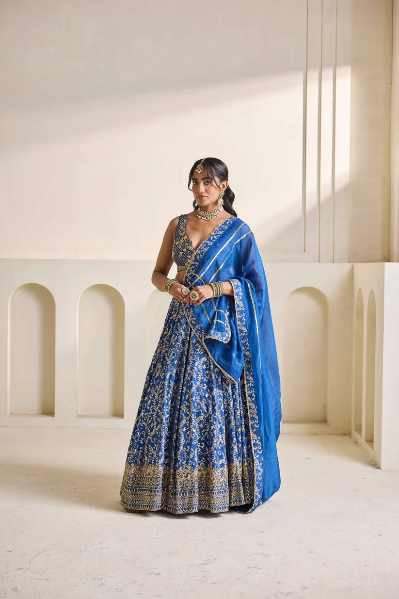 Deep blue embroidery blouse and Brocade lehnga set