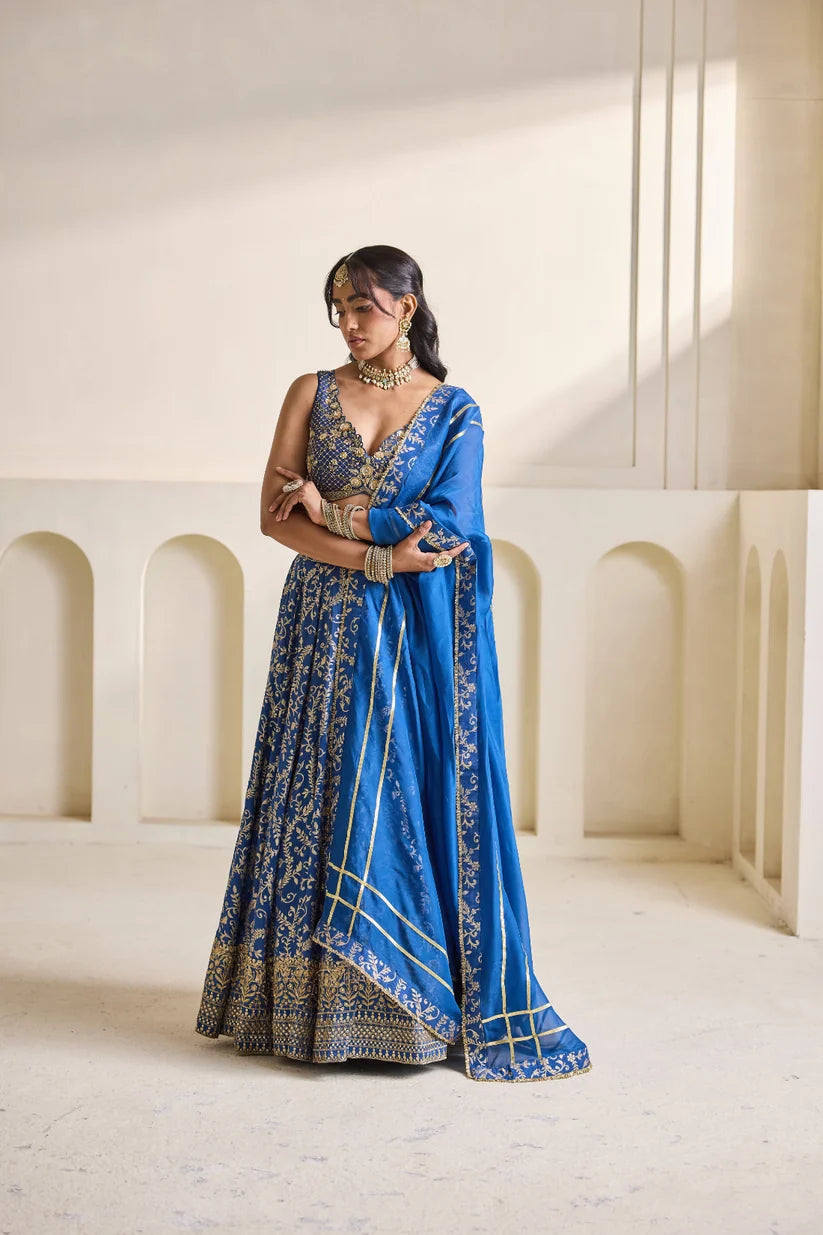 Deep blue embroidery blouse and Brocade lehnga set