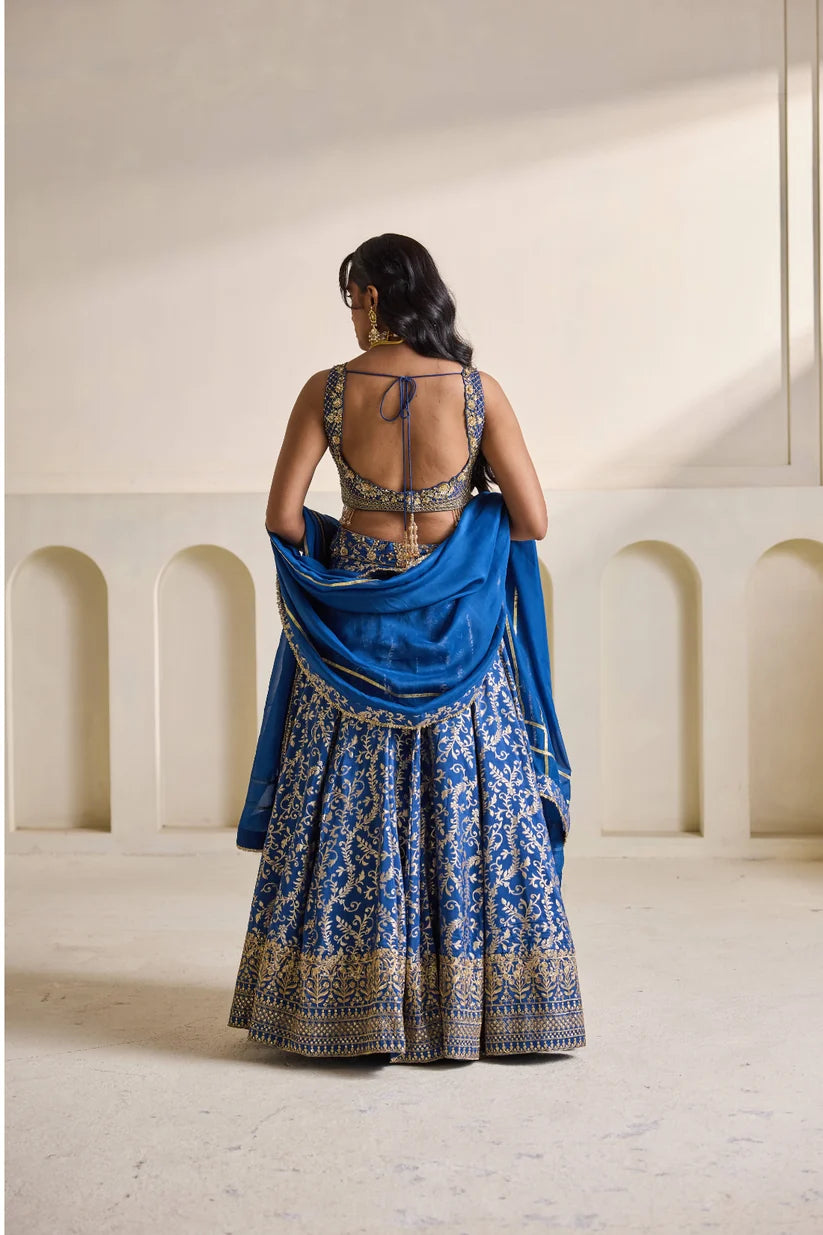 Deep blue embroidery blouse and Brocade lehnga set