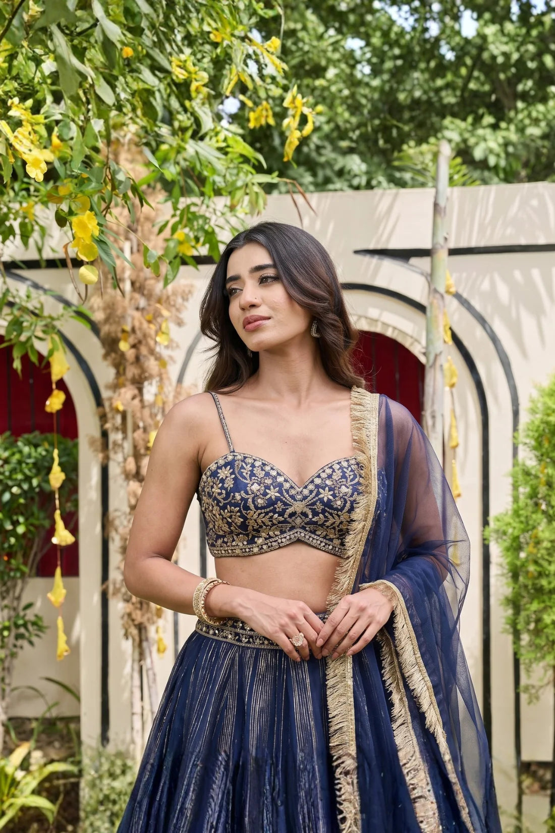 Navy blue bustier and shimmer organza lehnga set