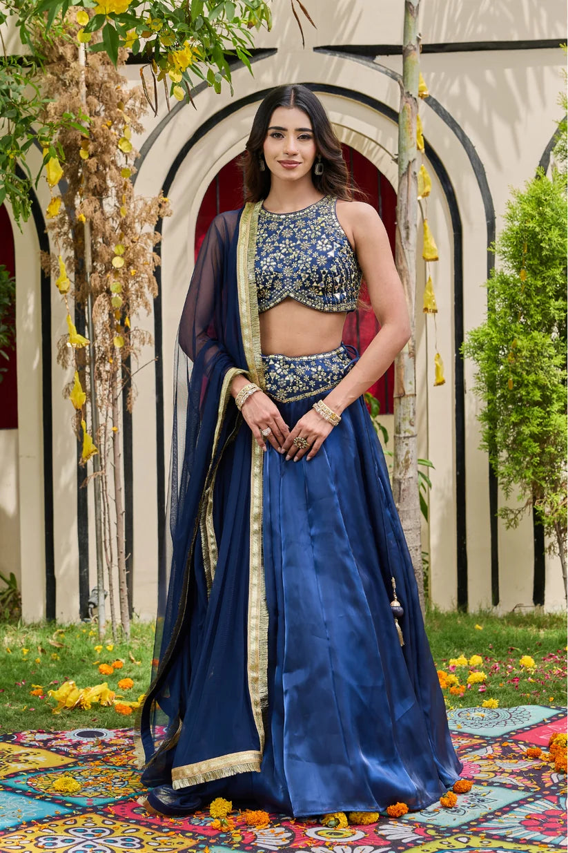 Navy blue blouse and shimmer organza lehnga set
