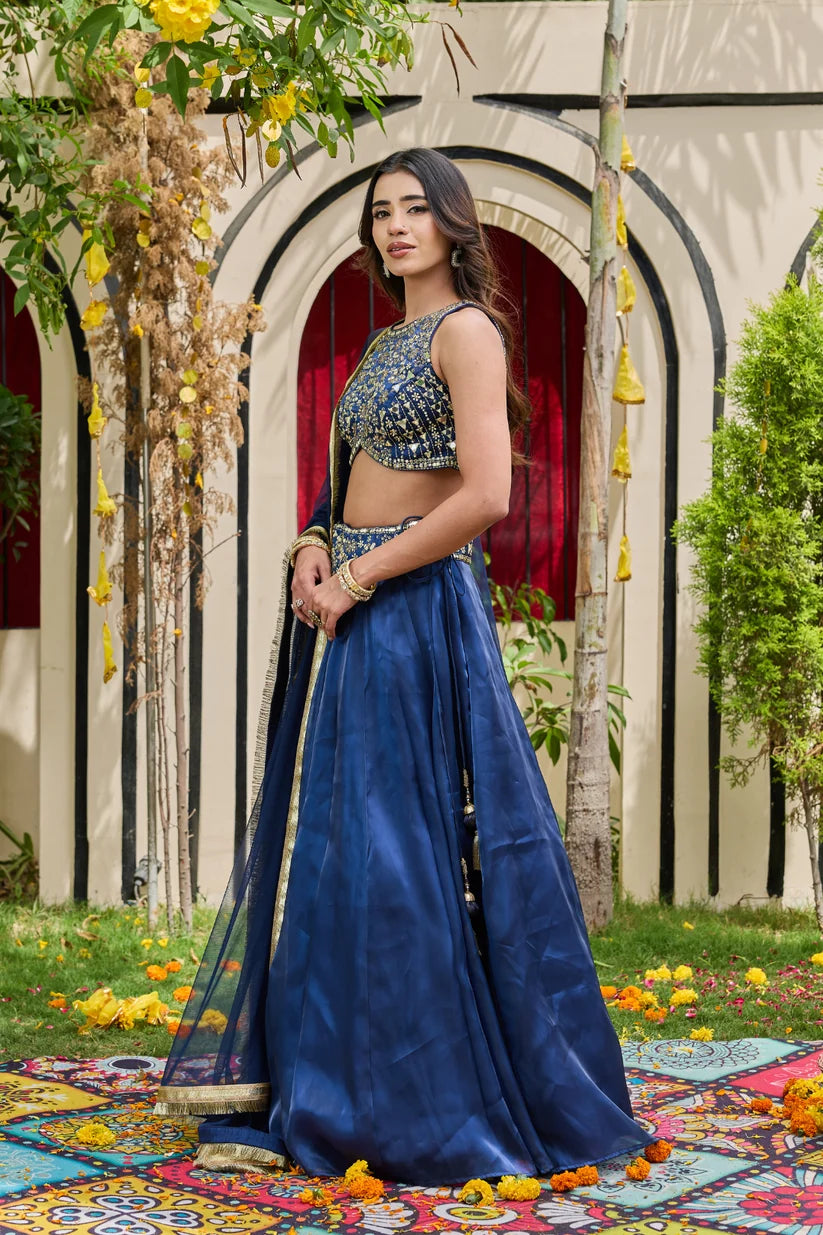 Navy blue blouse and shimmer organza lehnga set