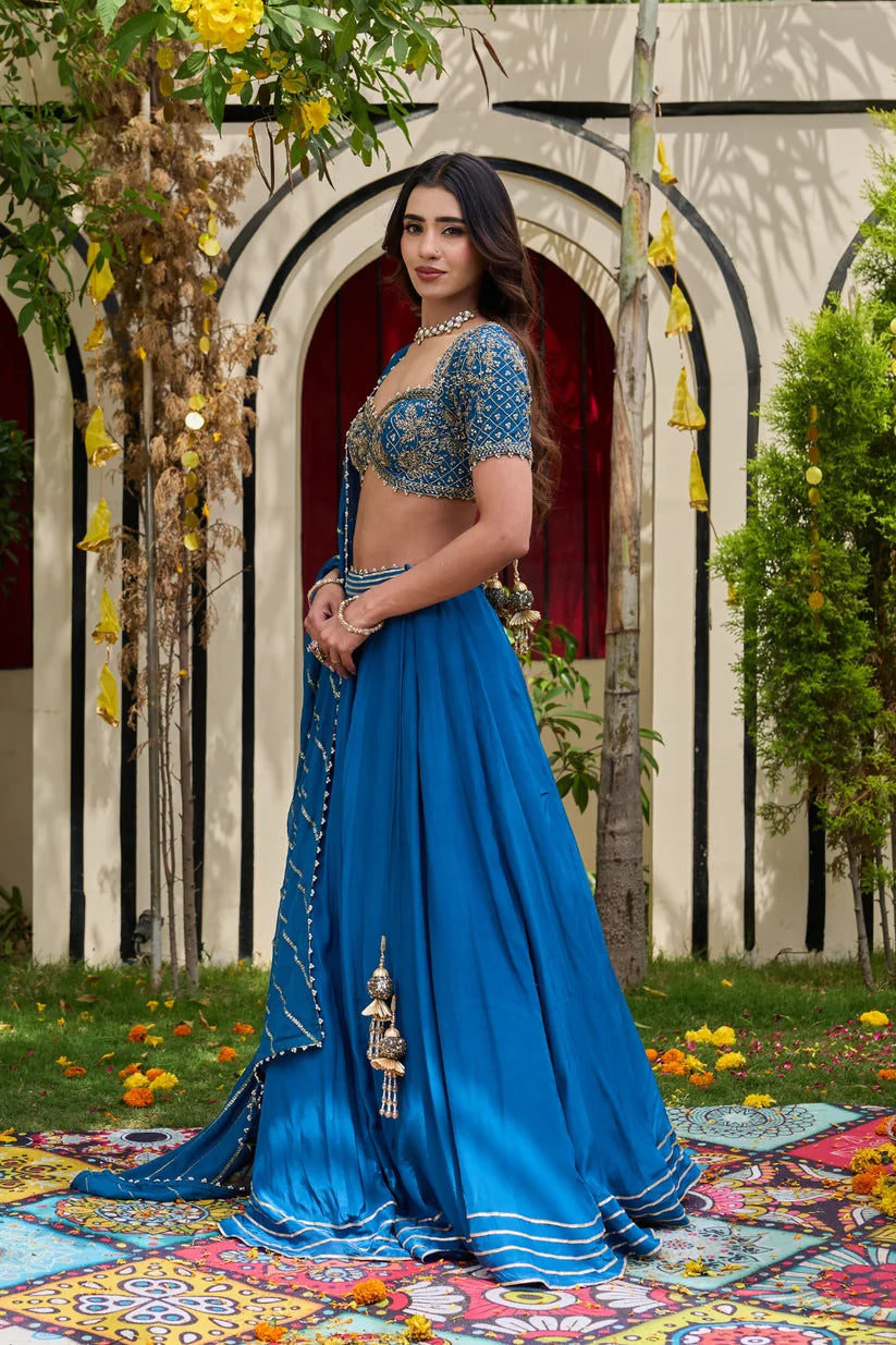 Deep Blue Crepe Zardosi Blouse & Flowy Lehenga Set