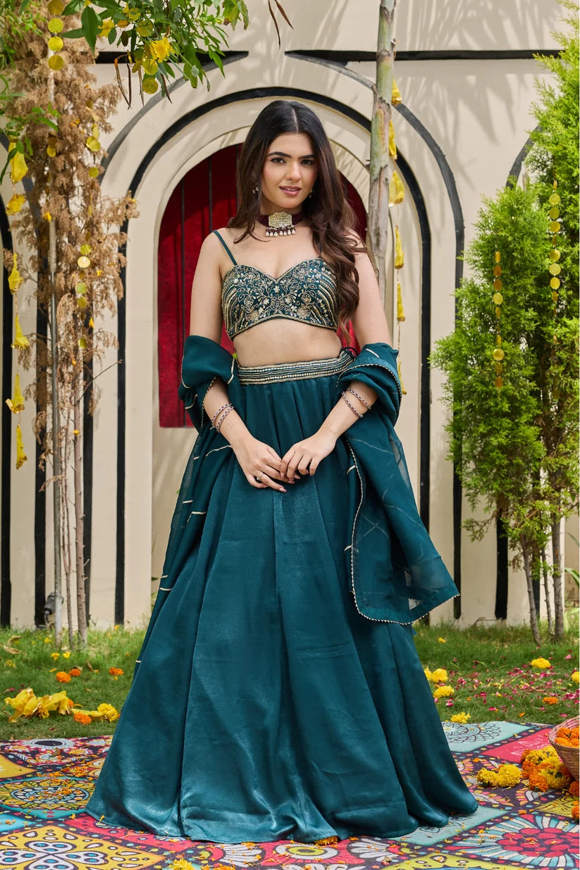 Emerald Zardosi Bustier & Shimmering Crepe Lehenga Set