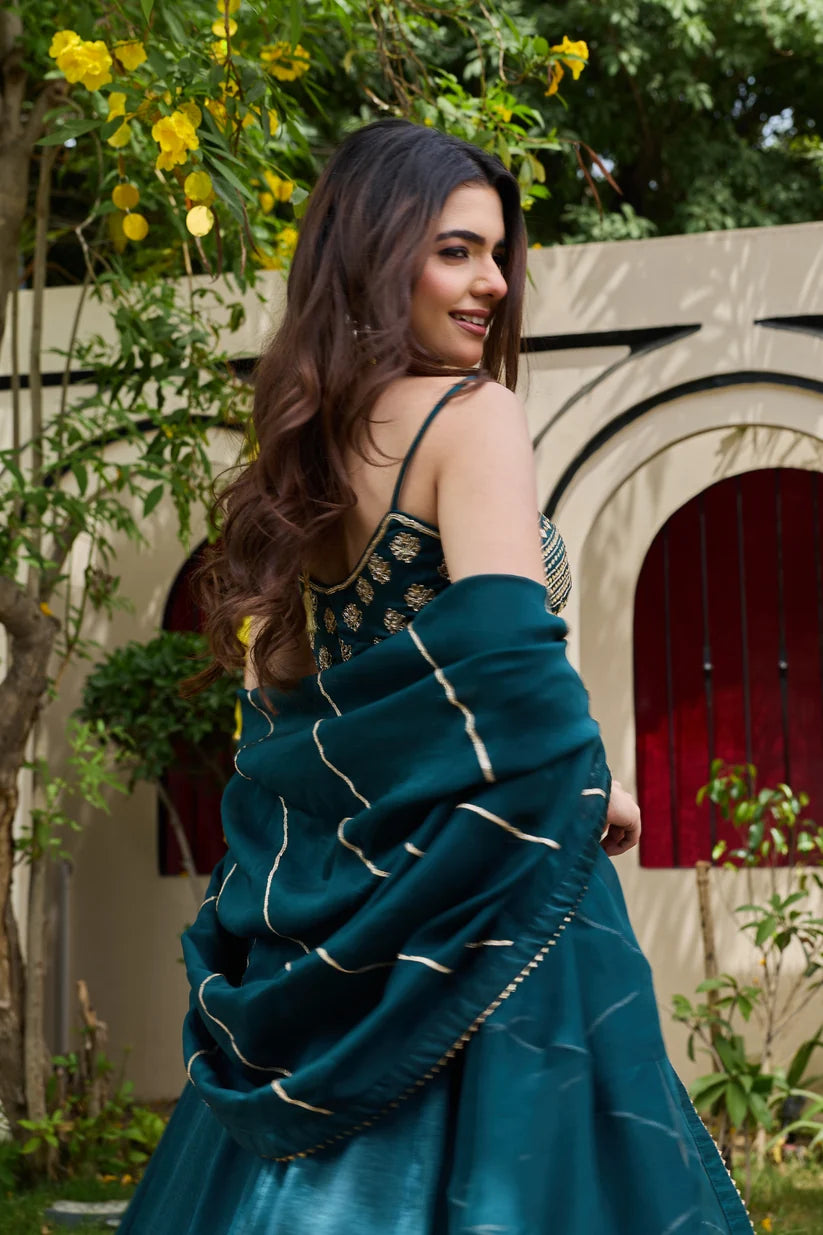 Emerald Zardosi Bustier & Shimmering Crepe Lehenga Set