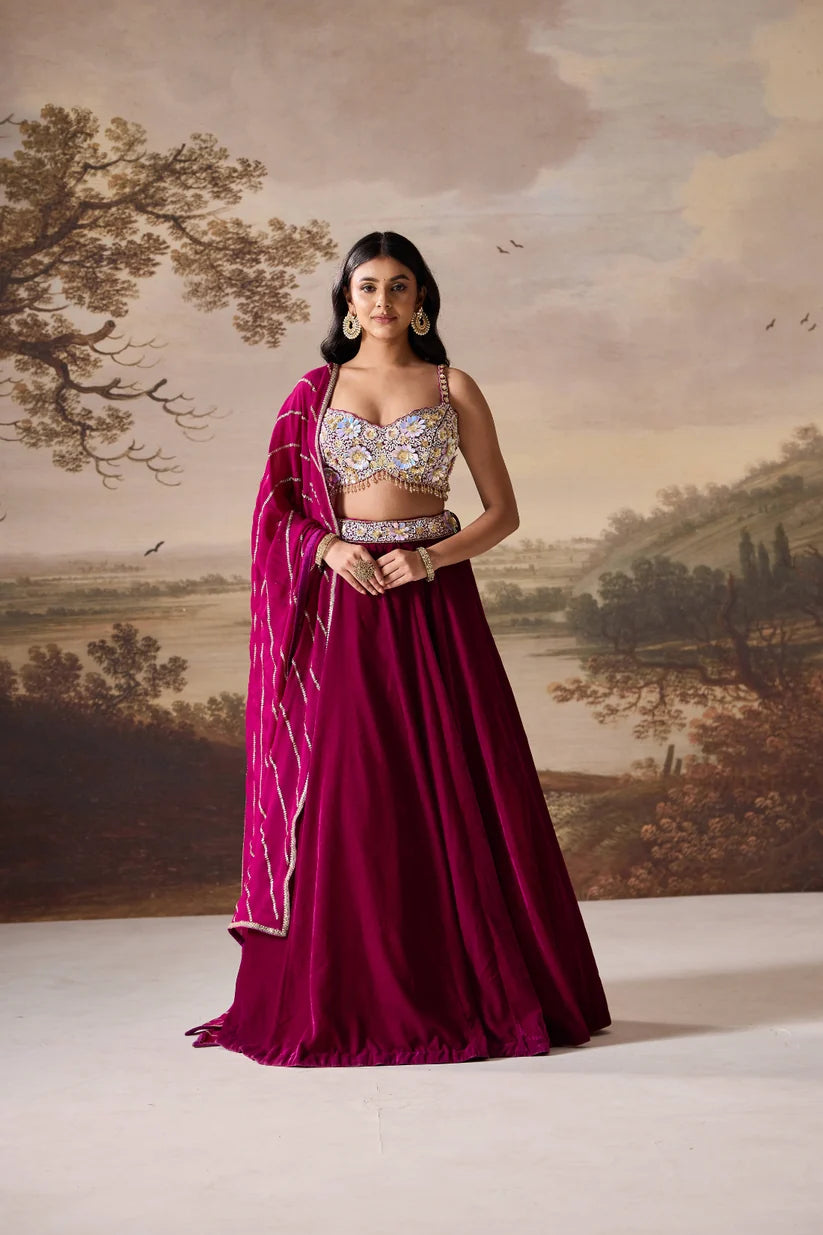 Purple embroidered bustier and velvet lehnga set