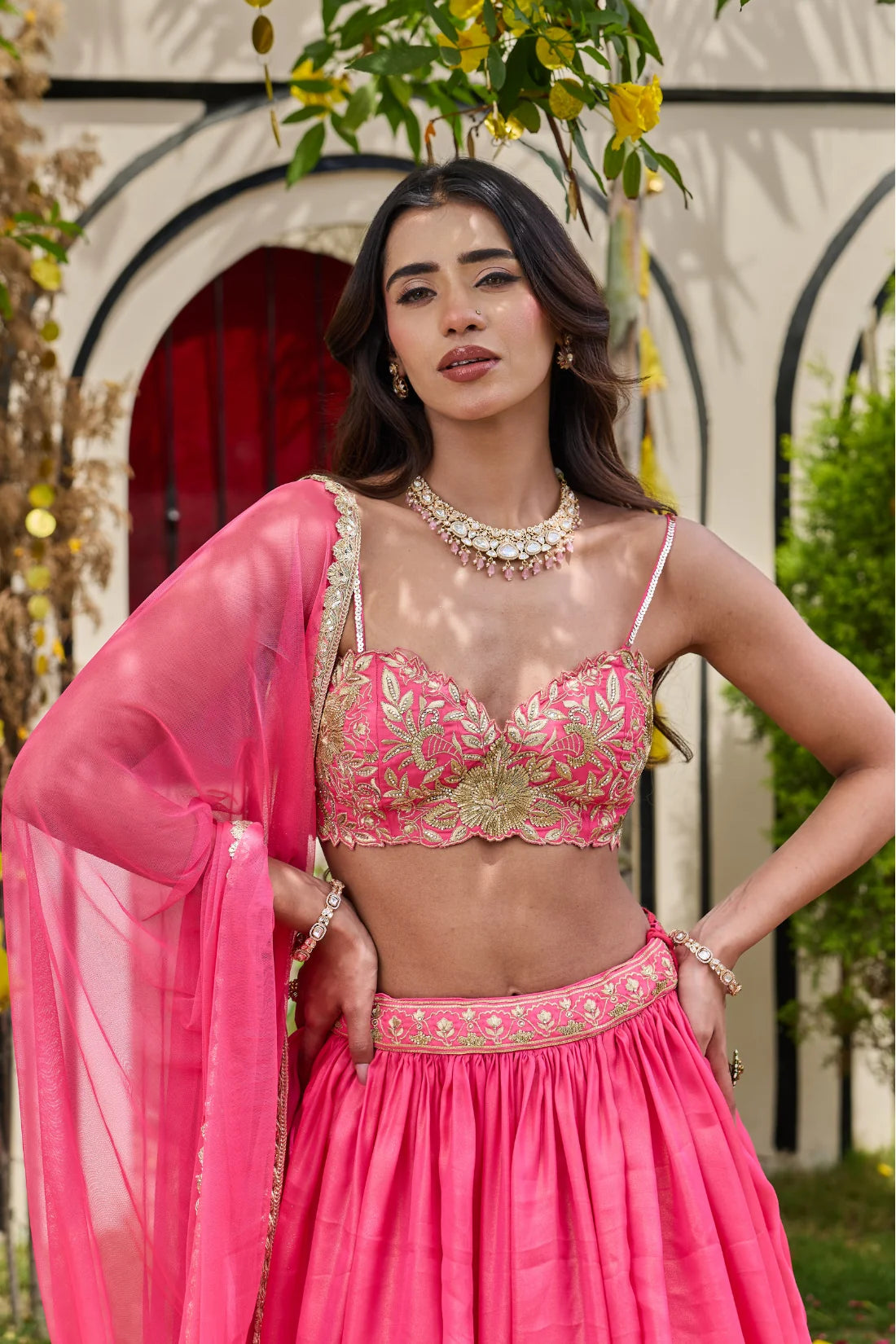 Pink Shimmer Bustier & Georgette Lehenga Set