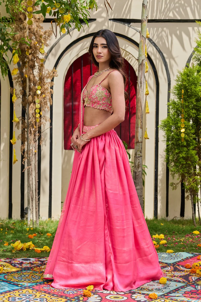 Pink Shimmer Bustier & Georgette Lehenga Set
