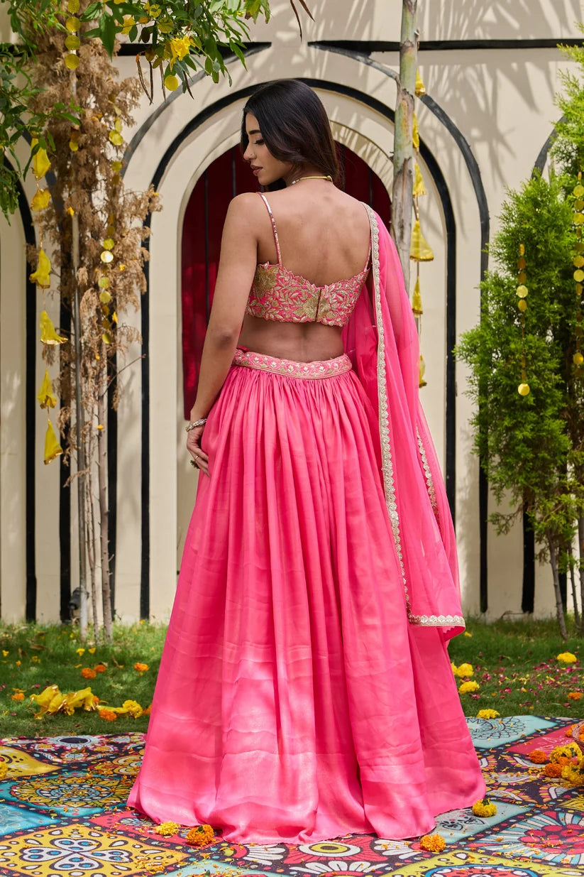 Pink Shimmer Bustier & Georgette Lehenga Set