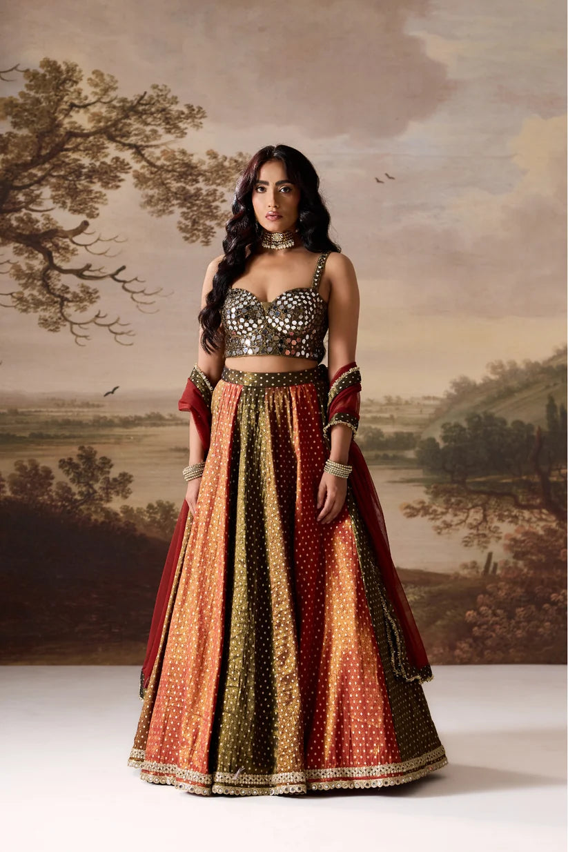 Olive green embroidered blouse and cosmos multipanel lehnga set