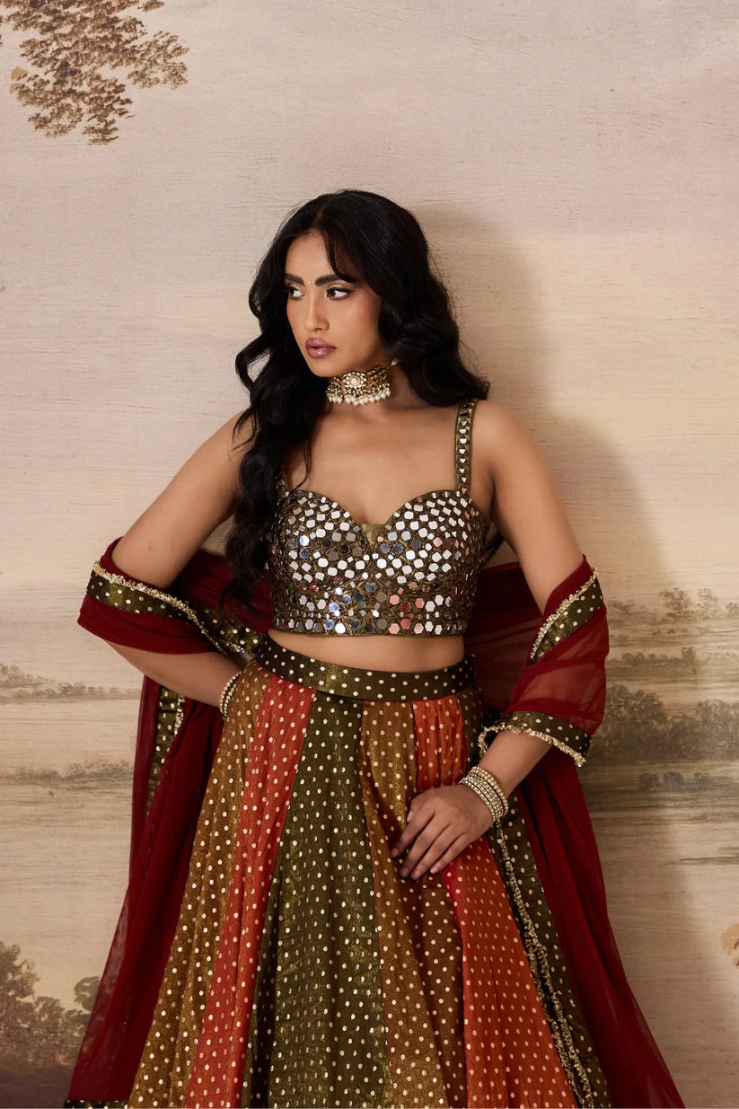 Olive green embroidered blouse and cosmos multipanel lehnga set