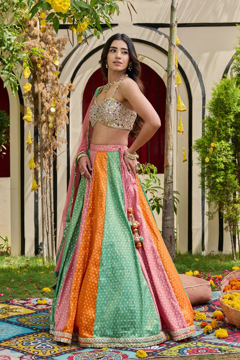 Mauve Mirror-Encrusted Bustier & Multi-Panel Lehenga Set