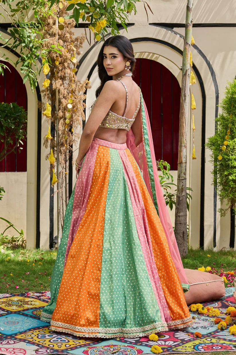 Mauve Mirror-Encrusted Bustier & Multi-Panel Lehenga Set