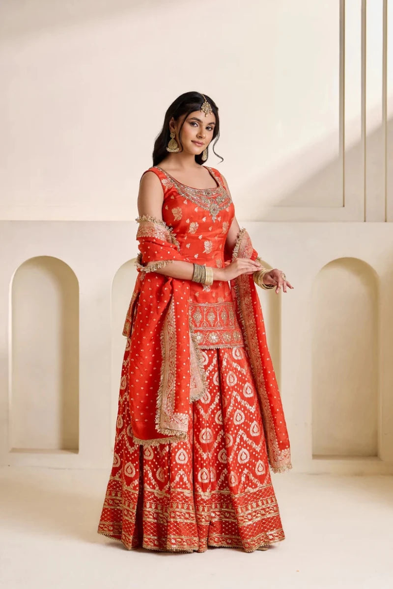 Rust orange banarsi kurti and sharara set