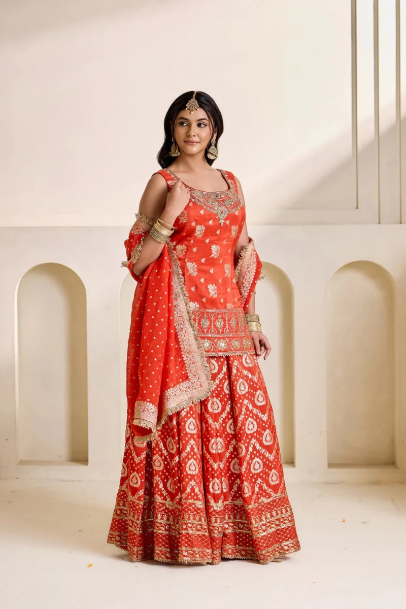 Rust orange banarsi kurti and sharara set