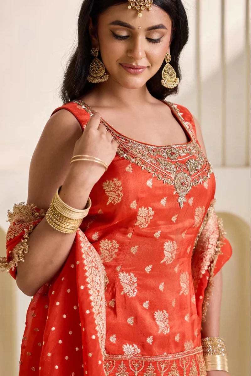 Rust orange banarsi kurti and sharara set