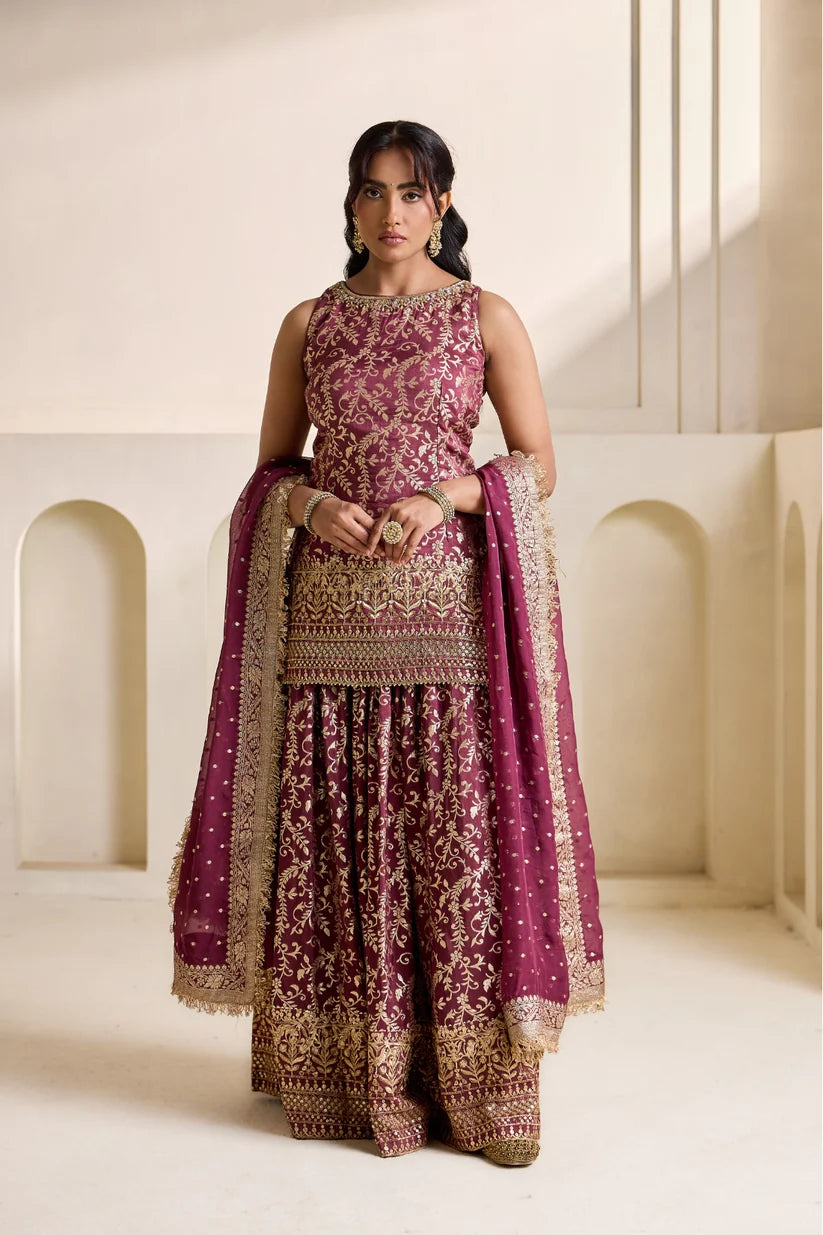 Wine embroidery banarsi kurti amd sharara set