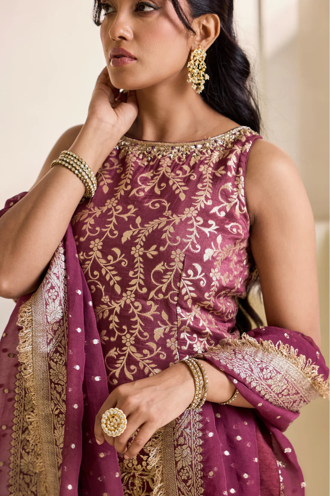 Wine embroidery banarsi kurti amd sharara set