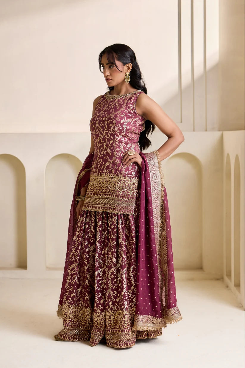 Wine embroidery banarsi kurti amd sharara set
