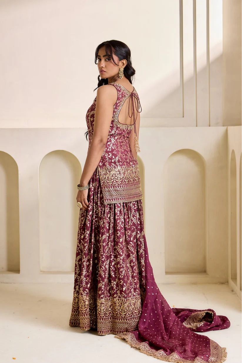 Wine embroidery banarsi kurti amd sharara set