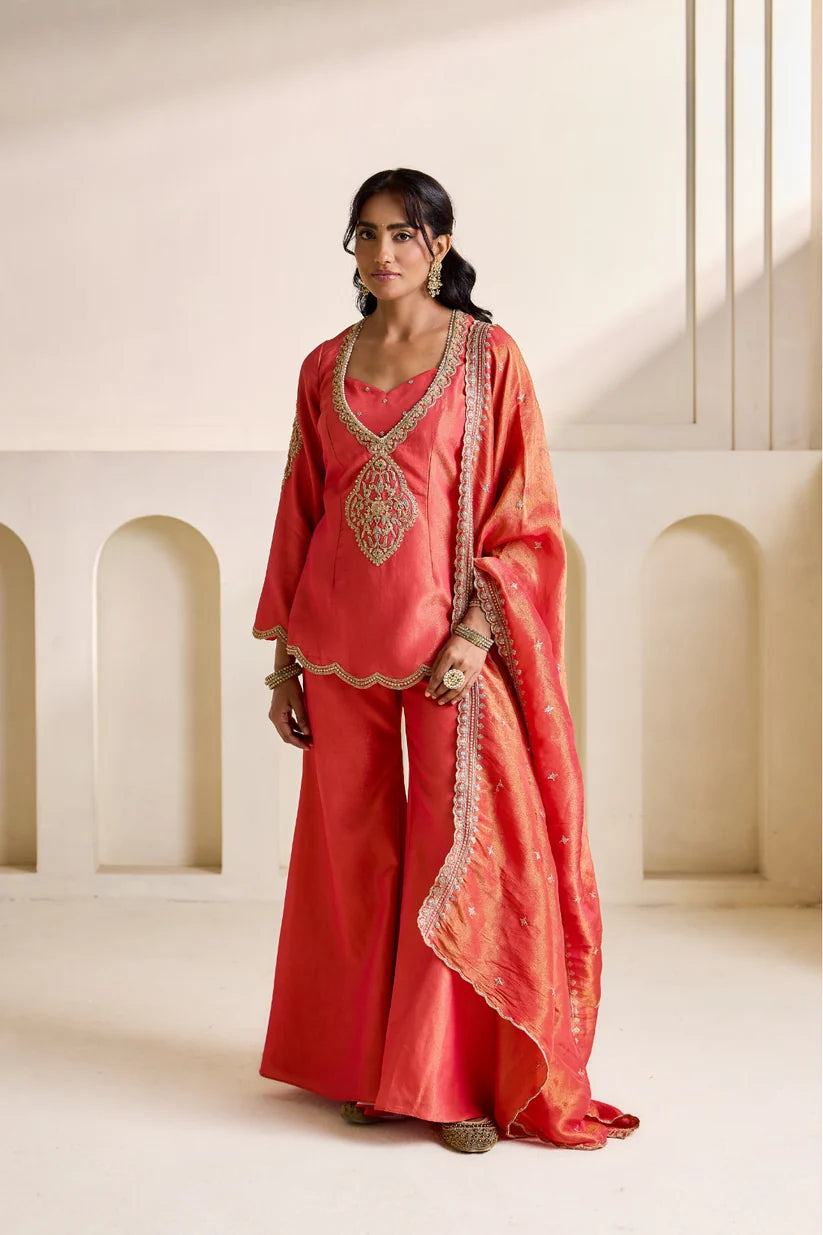 Orange embroidery cosmos kurti, bustier and Flare plazo set