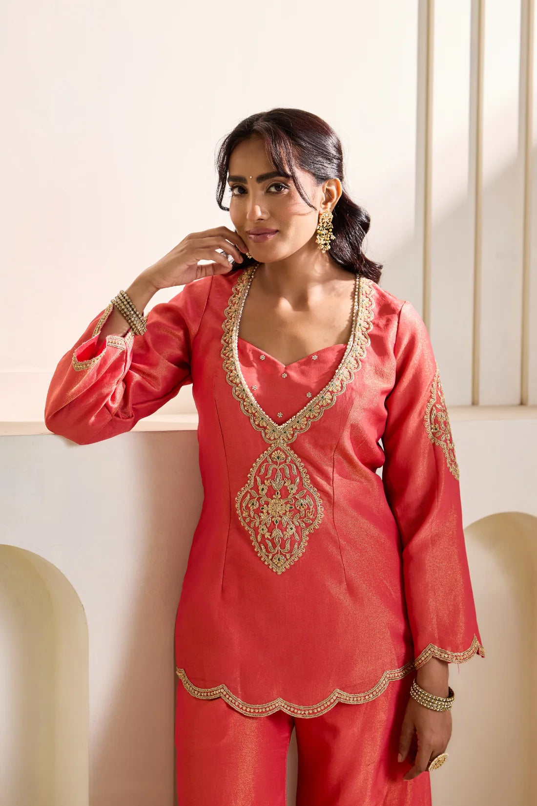 Orange embroidery cosmos kurti, bustier and Flare plazo set