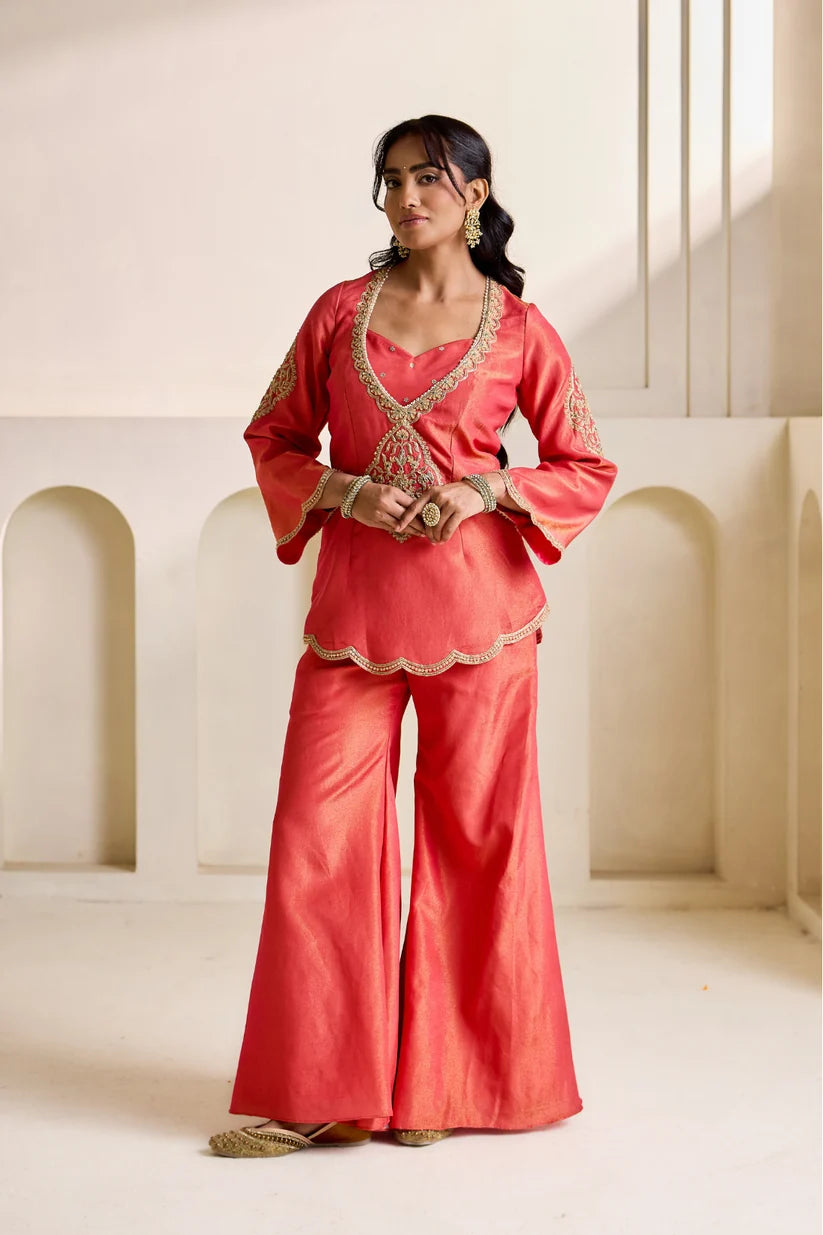 Orange embroidery cosmos kurti, bustier and Flare plazo set
