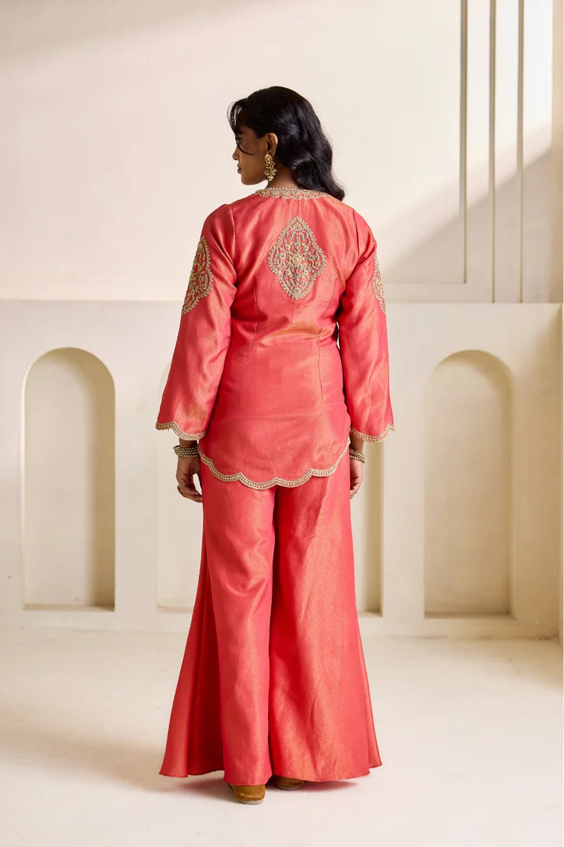 Orange embroidery cosmos kurti, bustier and Flare plazo set