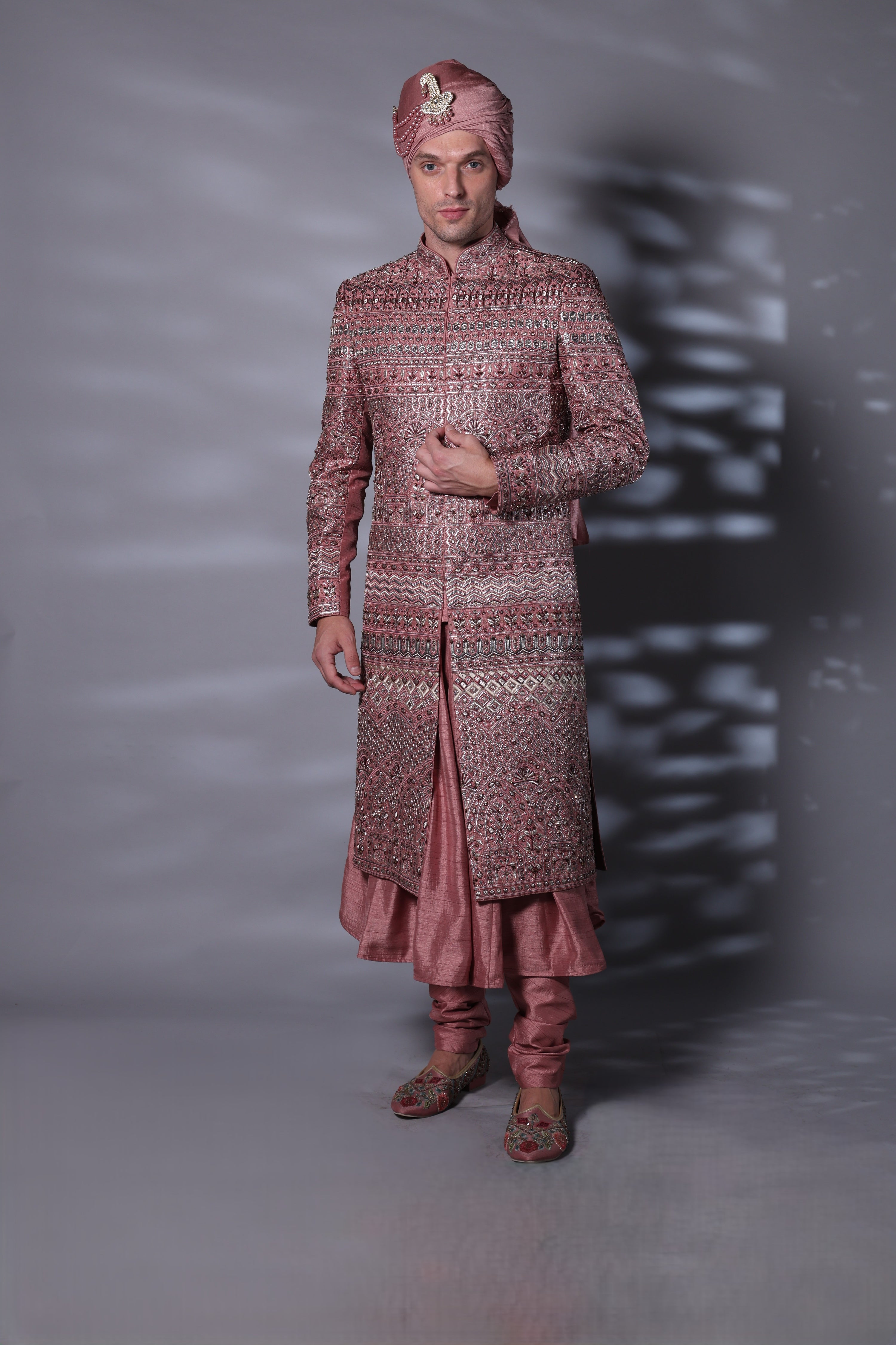 Burgundy Embroided Sherwani Set