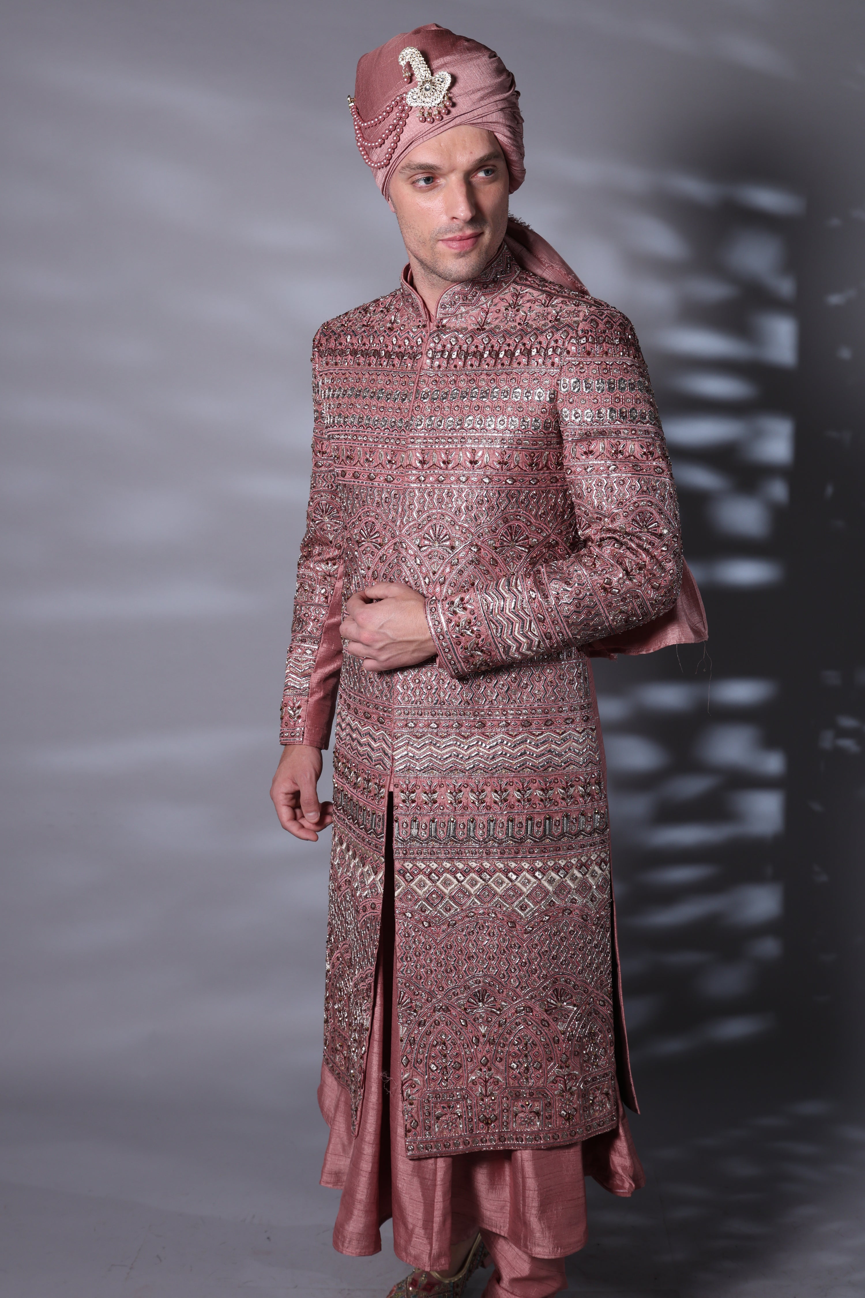 Burgundy Embroided Sherwani Set