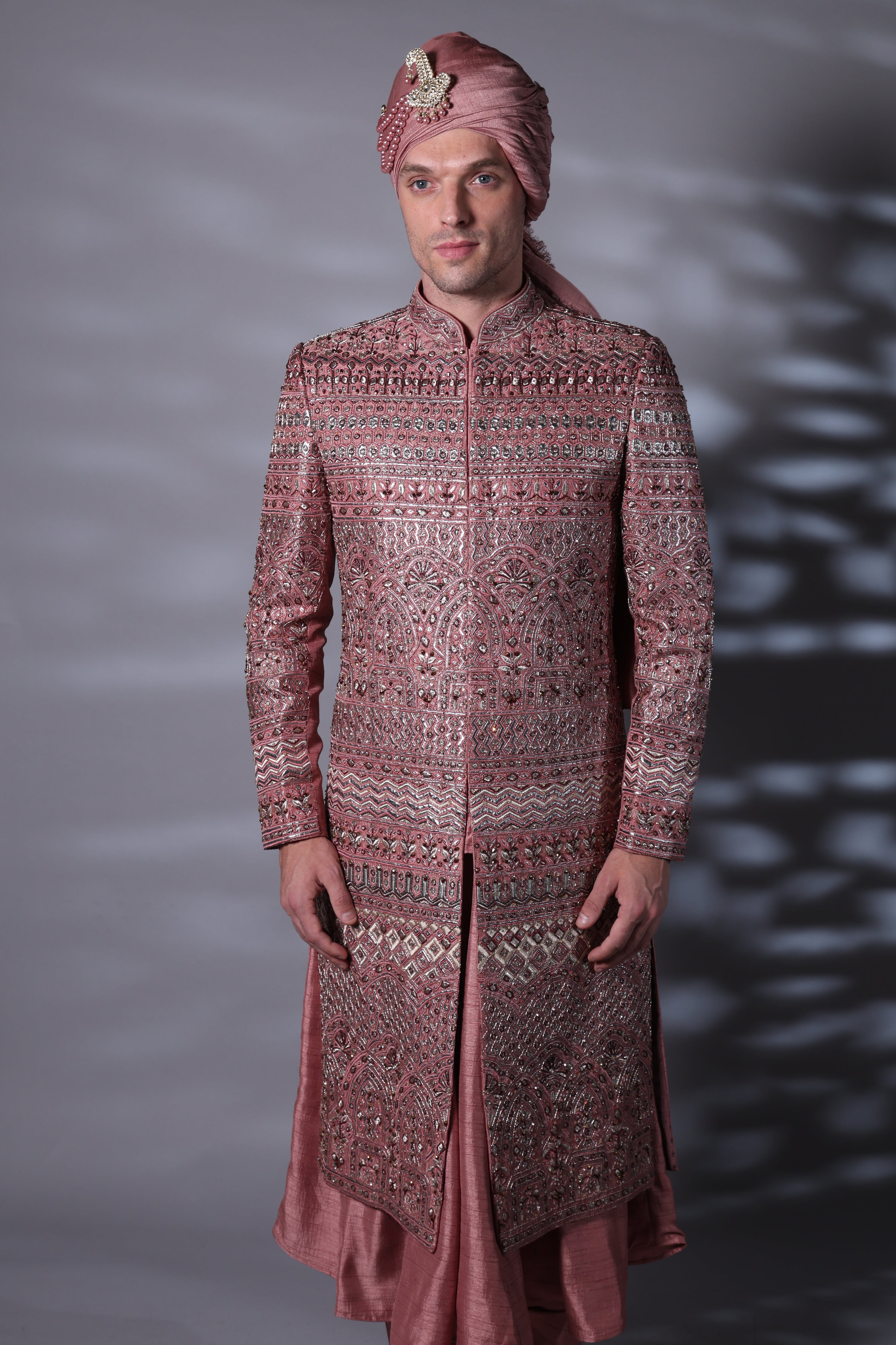 Burgundy Embroided Sherwani Set