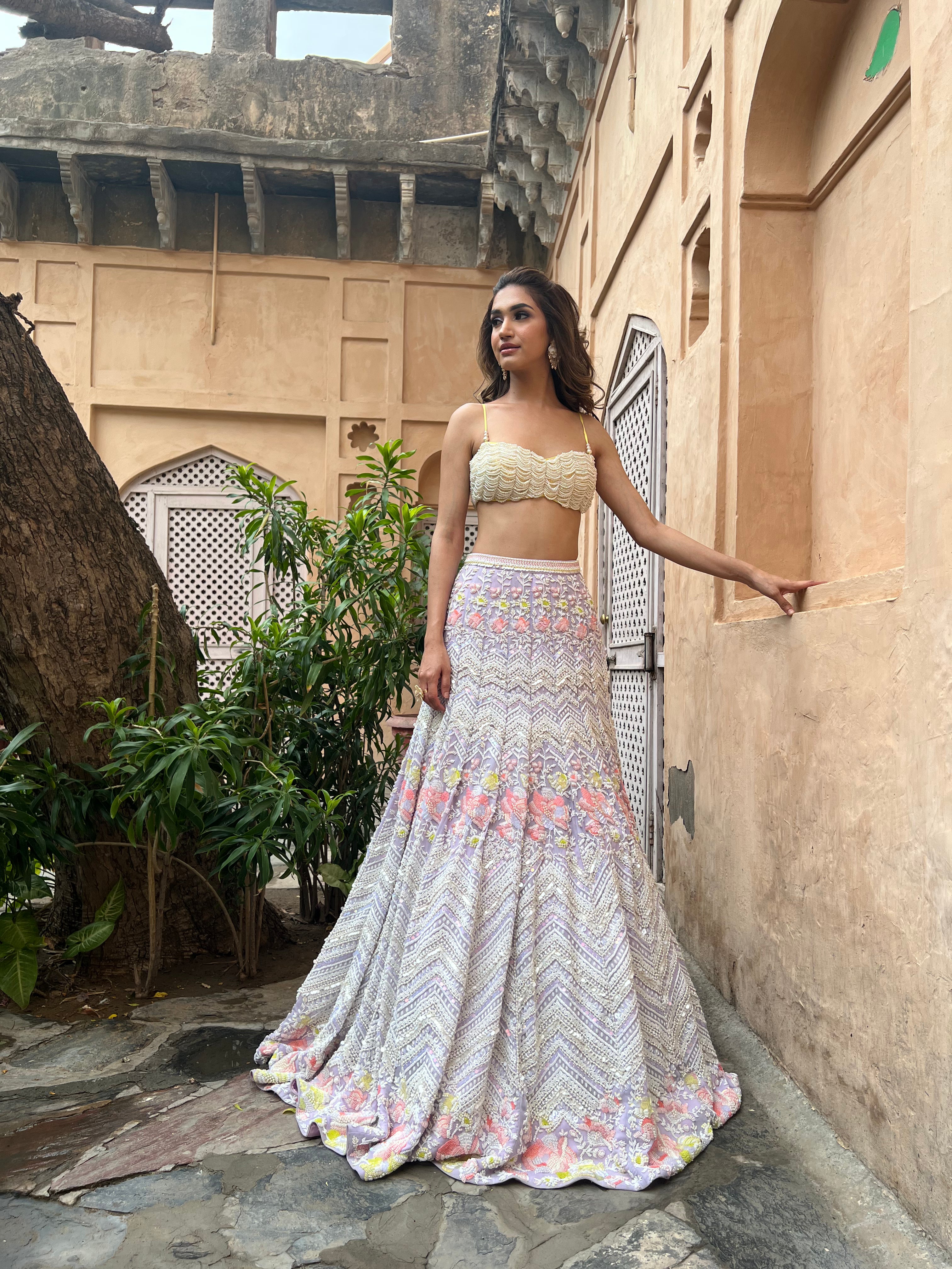 Elegant Alara Mermaid Lehenga with a shimmering crystal tassel choli, paired with a detailed metallic georgette skirt adorned with chevron and floral designs