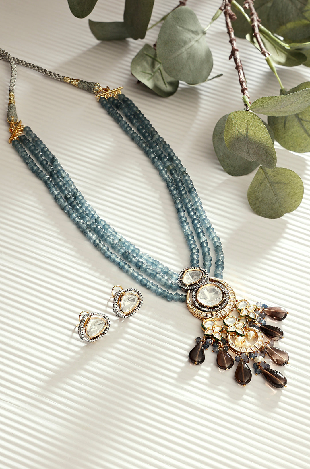Blue And Smoky Antique Gold Necklace Set
