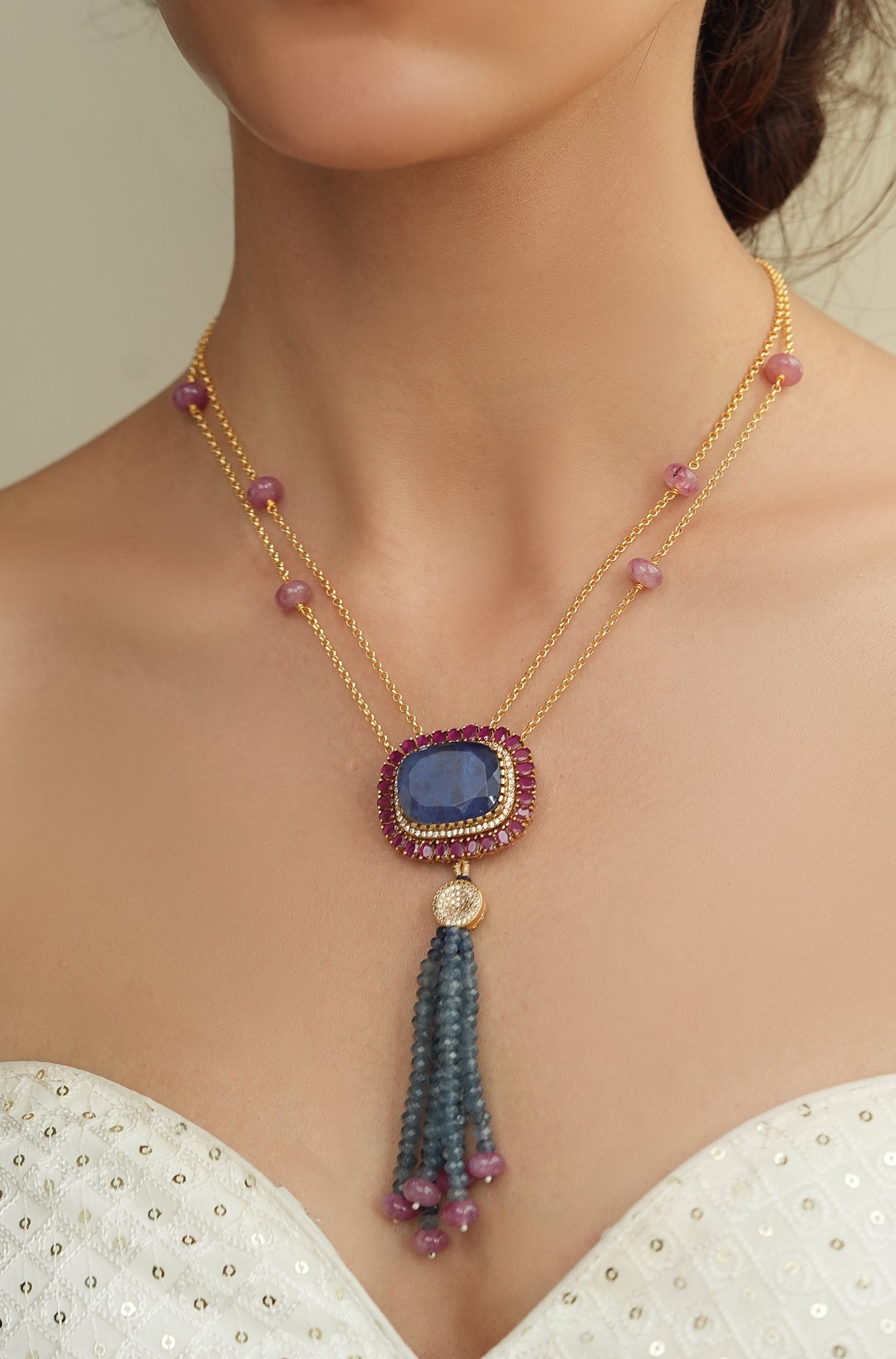 Azure Blue Tassel Necklace Set