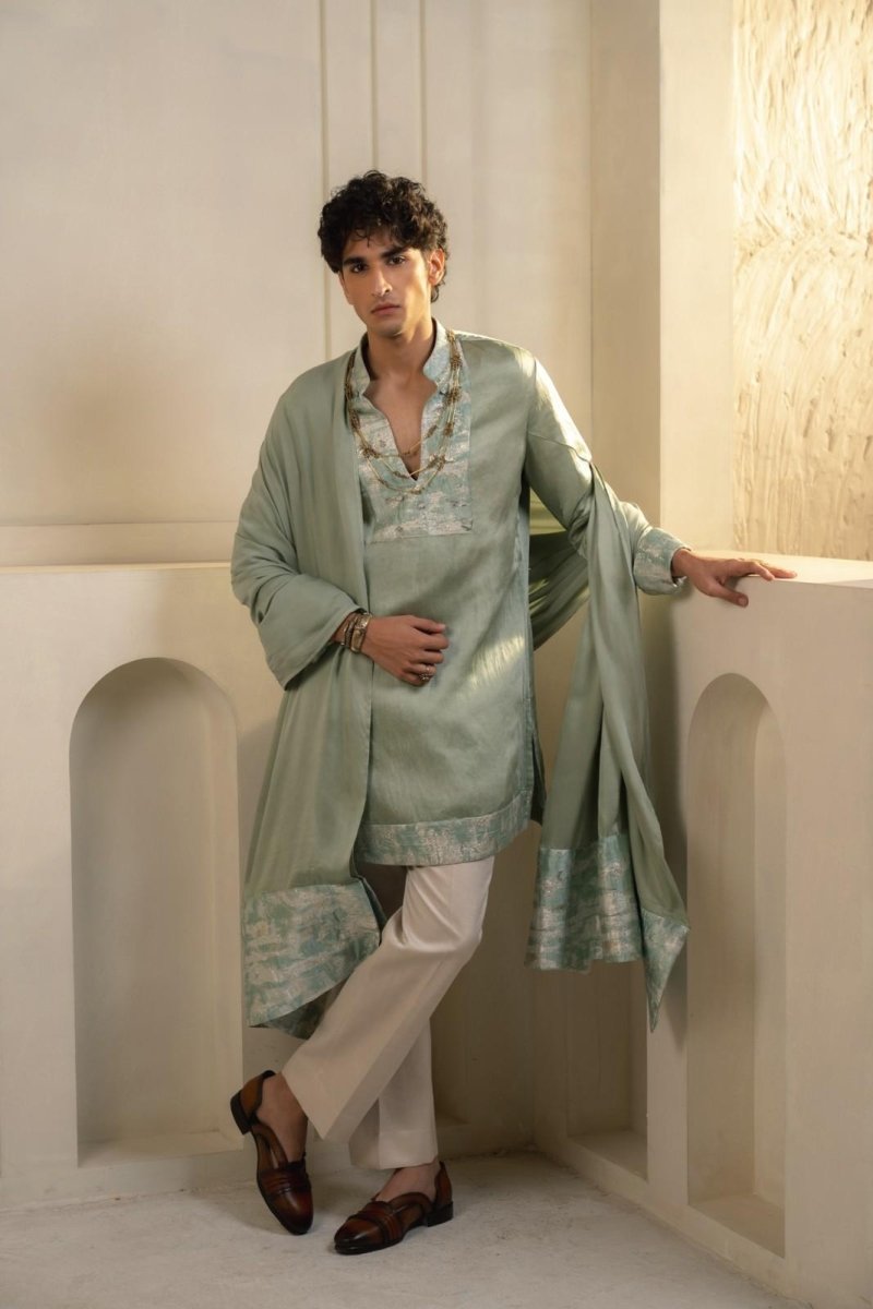 Mint Green Linen Silk Kurta Set With Dupatta - B Anu Designs
