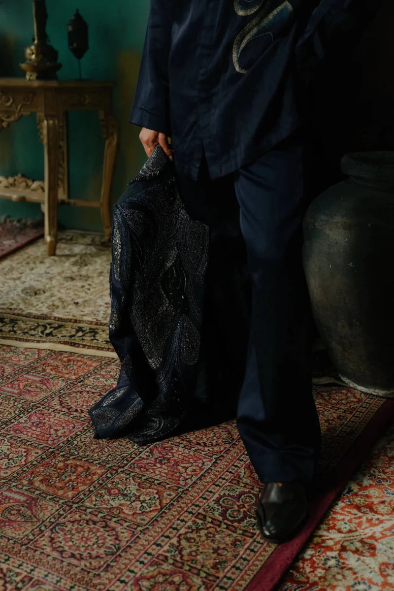 Midnight blue hand painted and hand embroidered kurta set