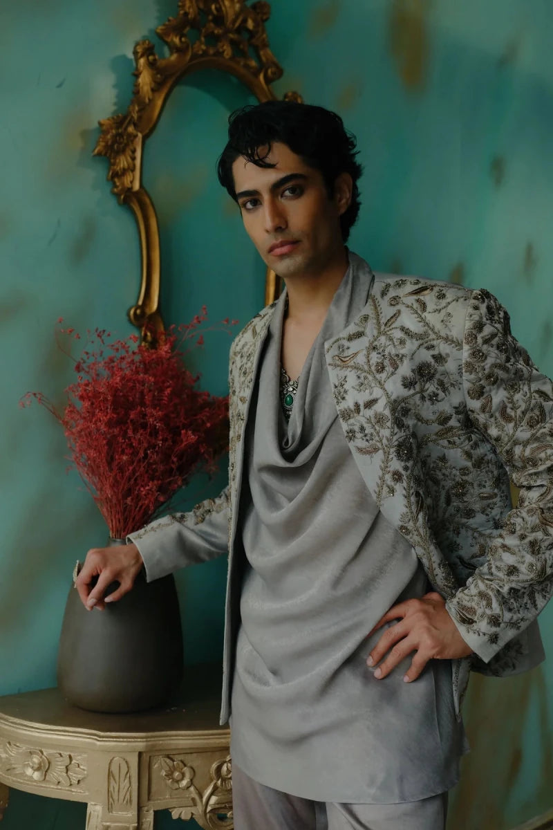 Silver veil hand embroidered short jacket set