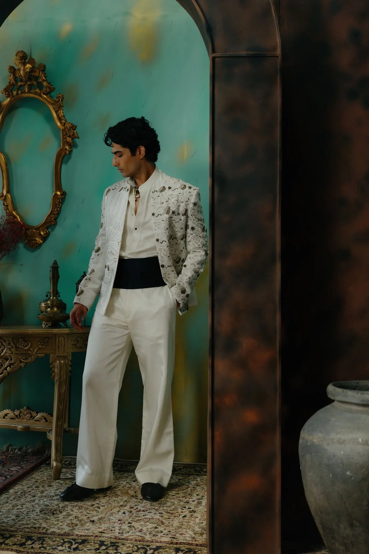 Ivory hand embroidered silk short jacket set