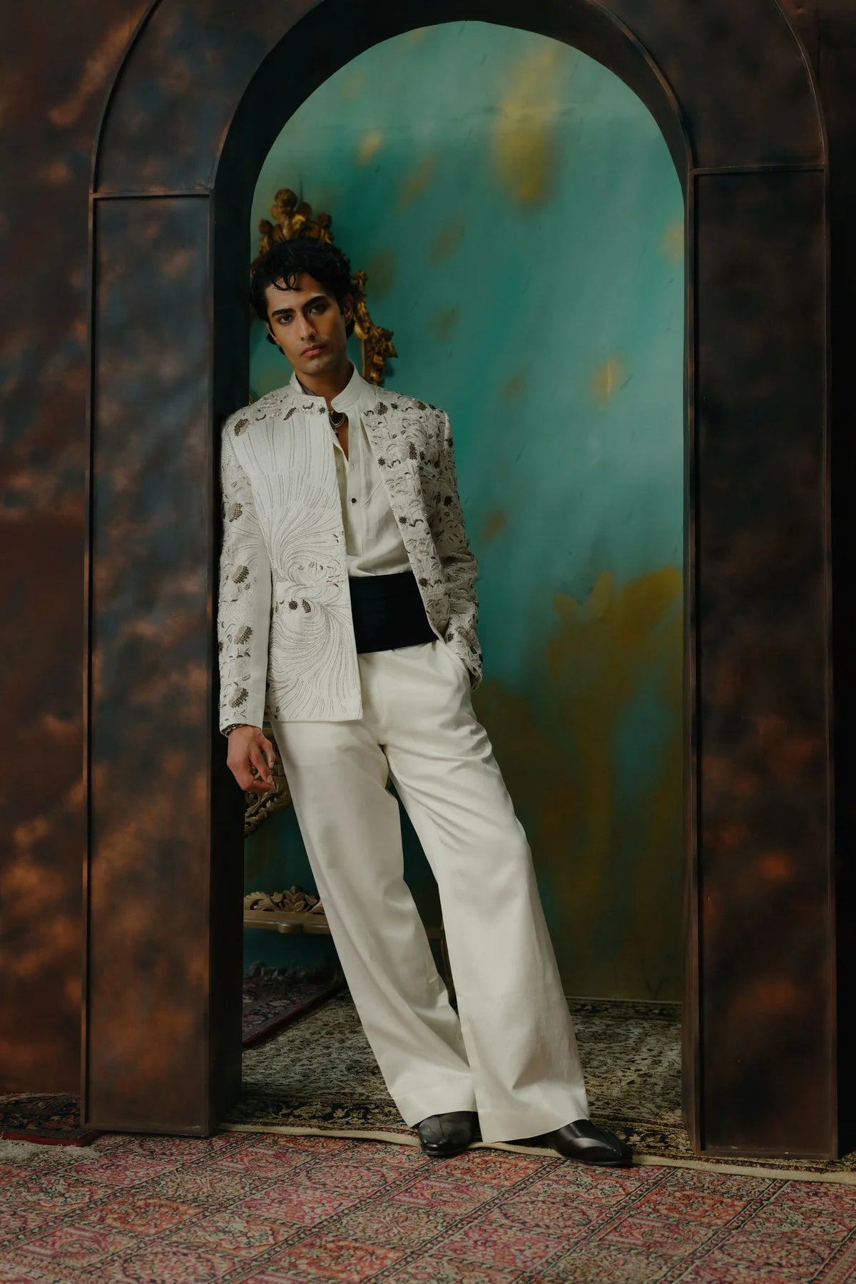 Ivory hand embroidered silk short jacket set