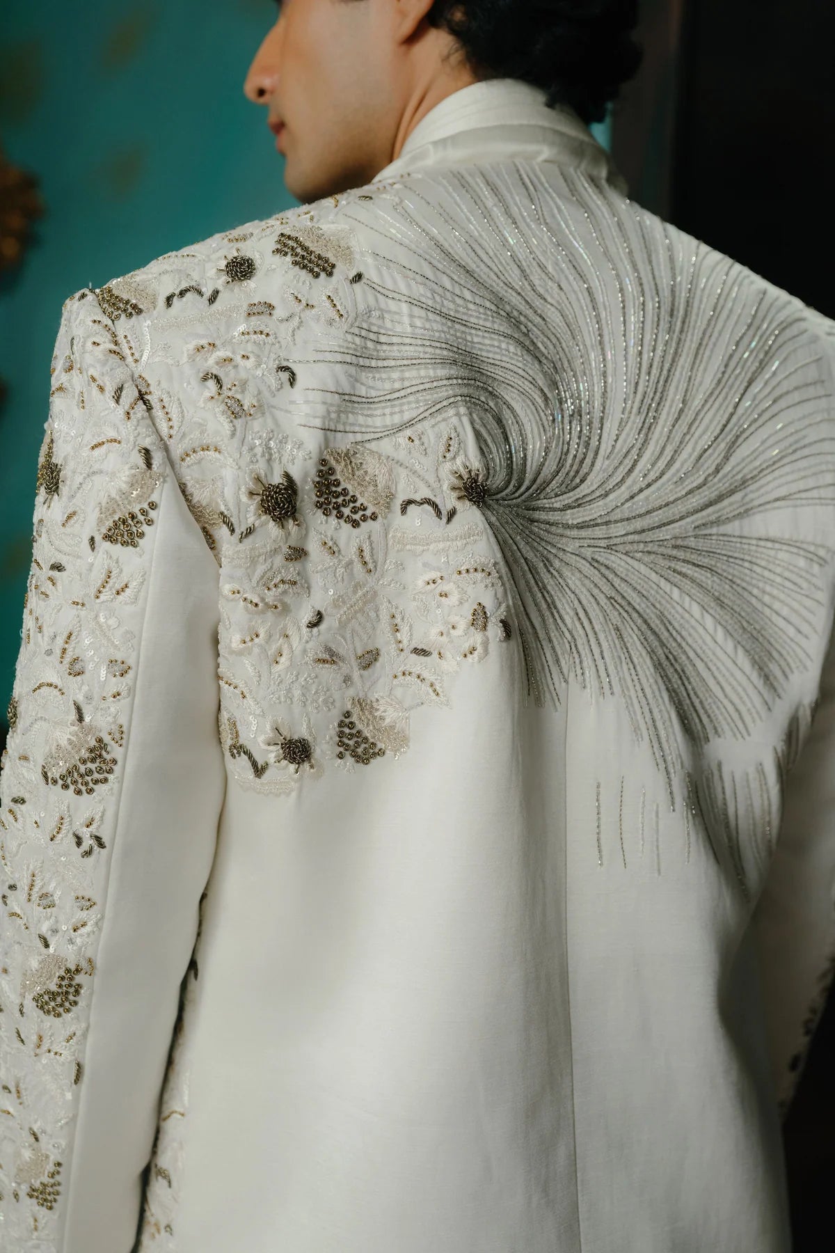 Ivory hand embroidered silk short jacket set