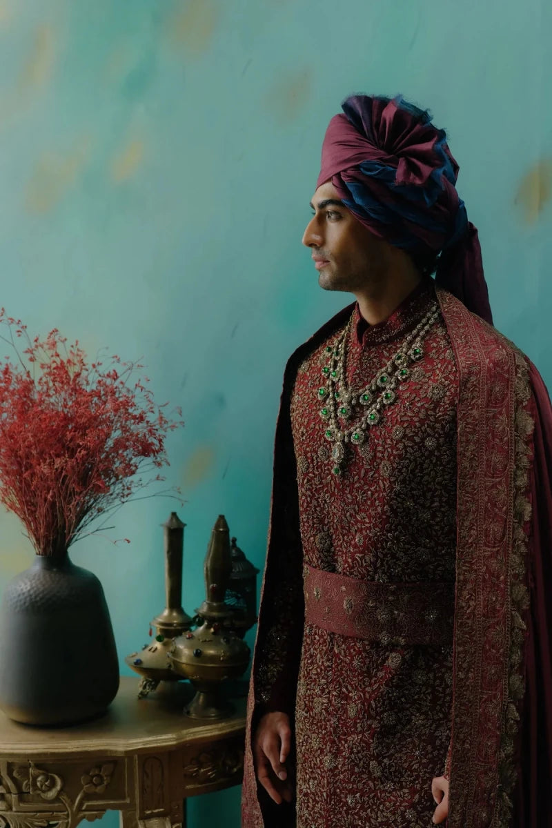 Deep wine hand embroidered silk sherwani set