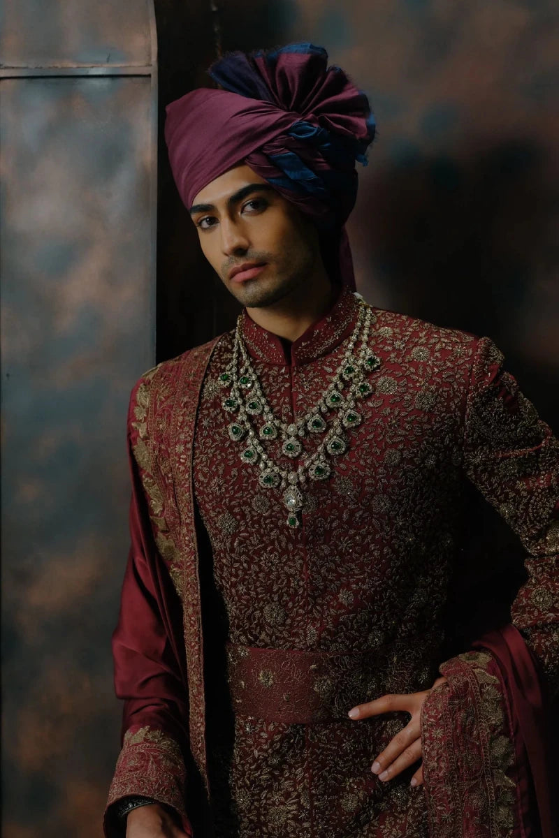 Deep wine hand embroidered silk sherwani set