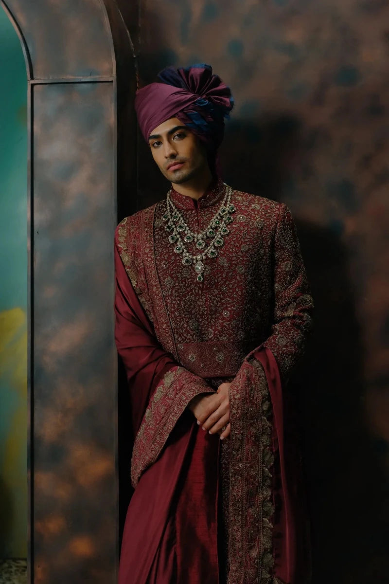Deep wine hand embroidered silk sherwani set