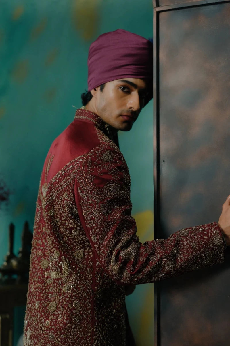 Deep wine hand embroidered silk sherwani set