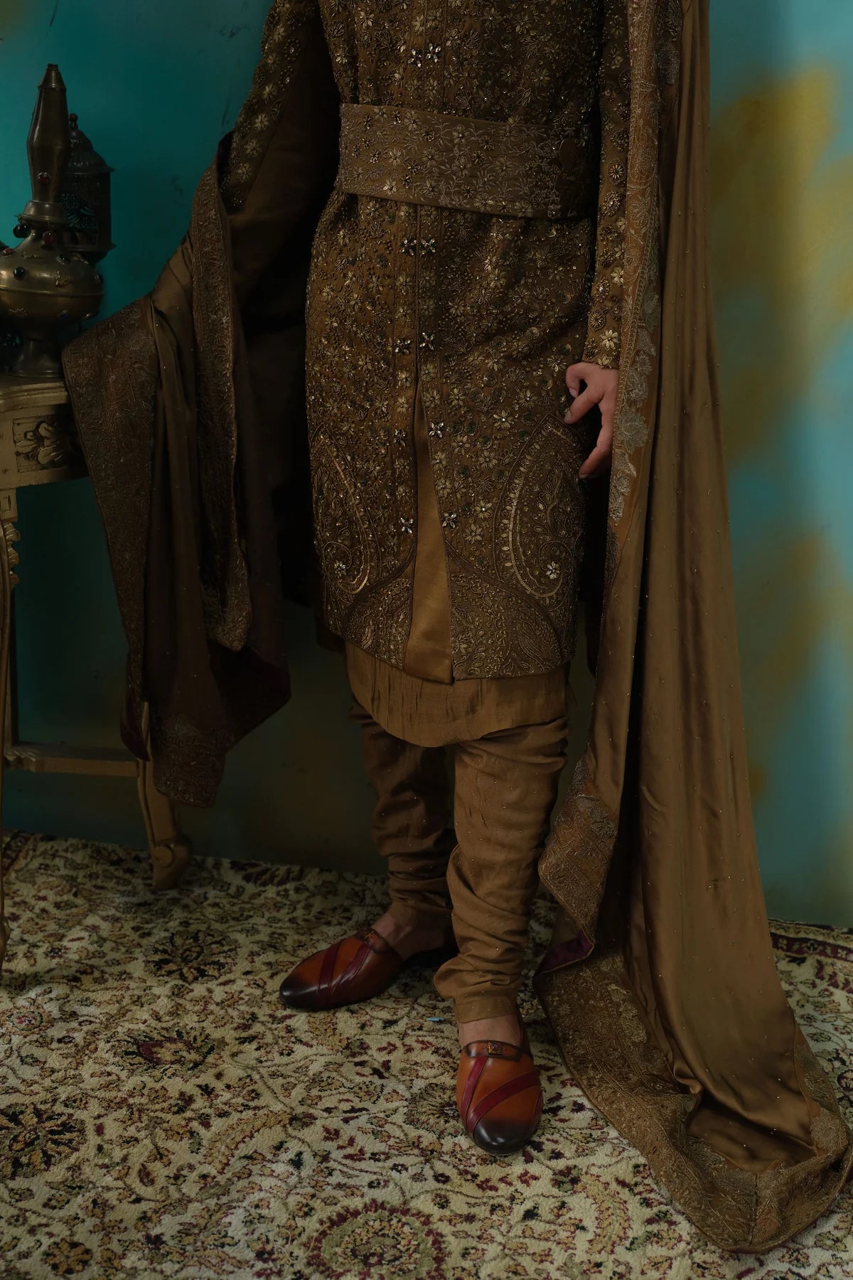Bronze hand embroidered silk sherwani set