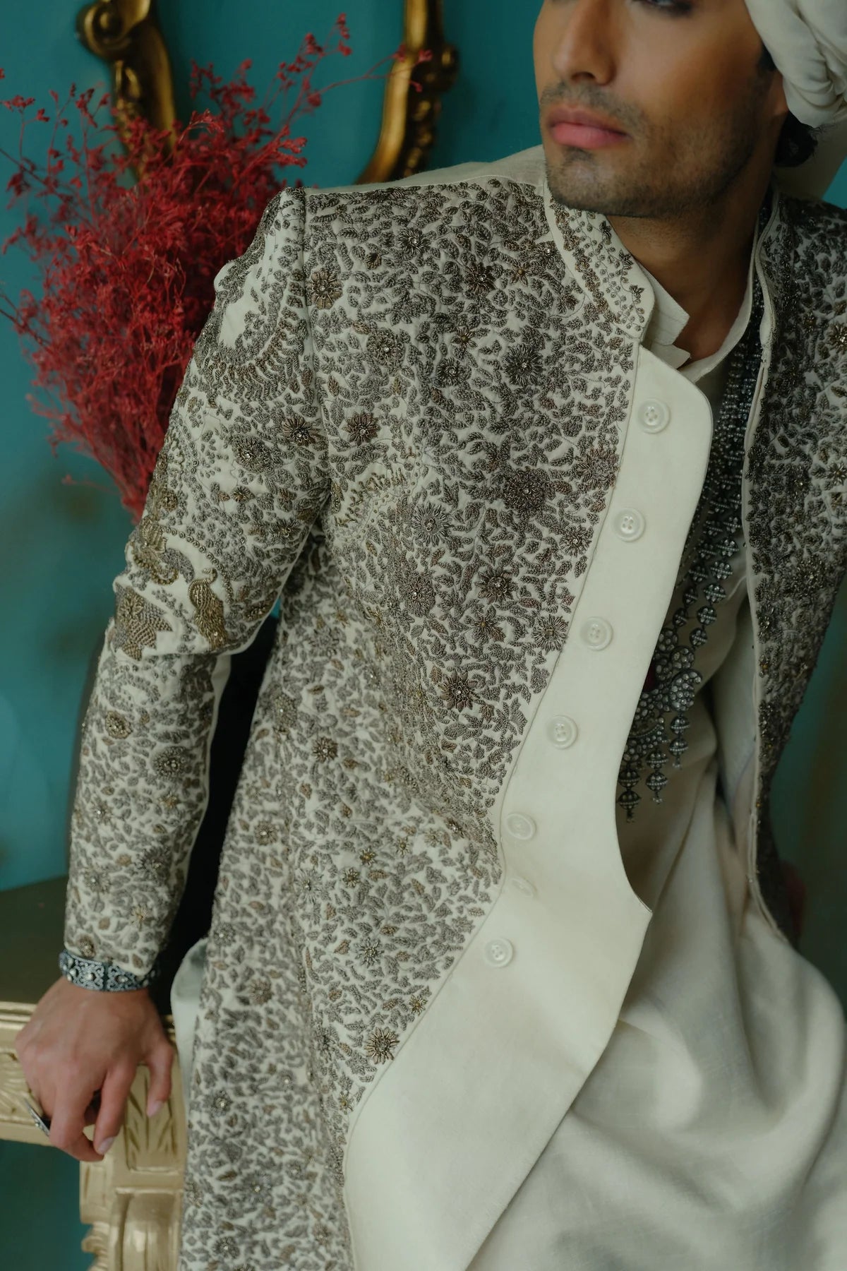 Silver veil hand embroidered silk sherwani set