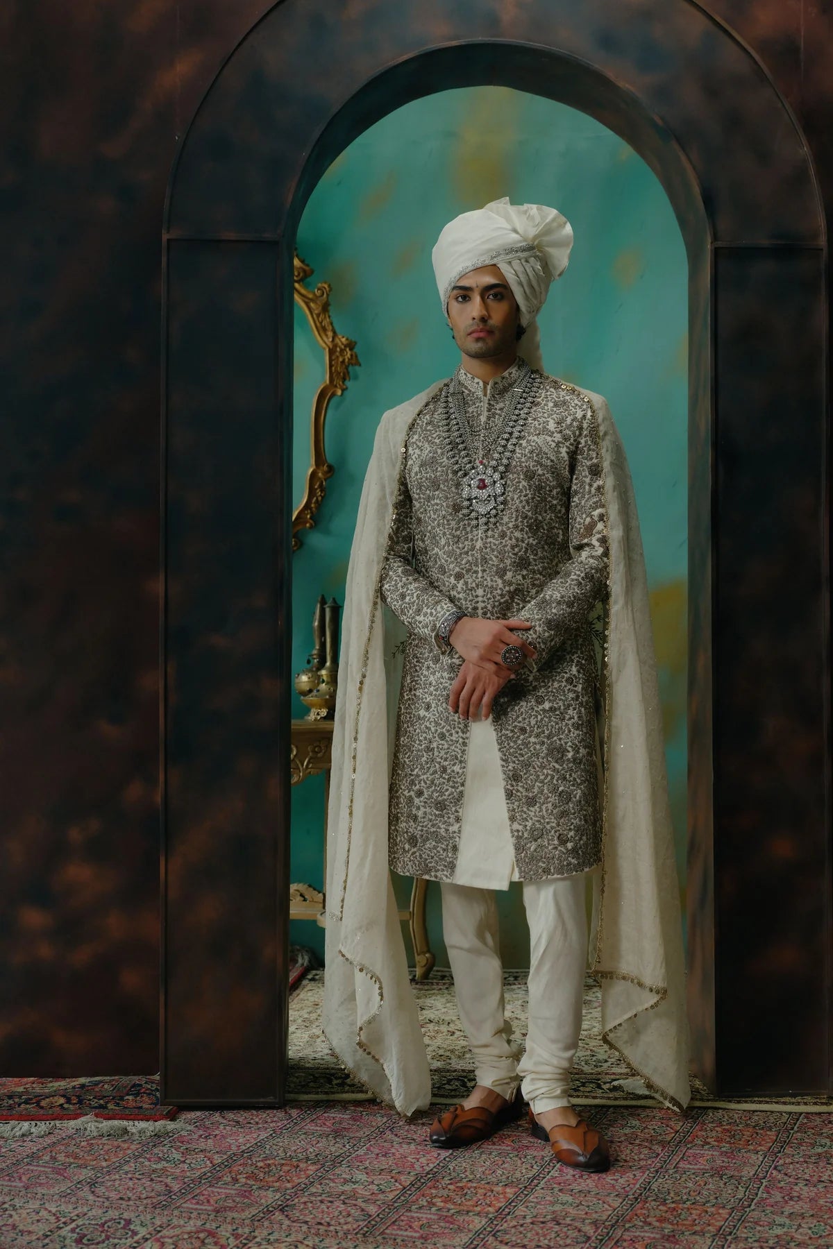 Silver veil hand embroidered silk sherwani set