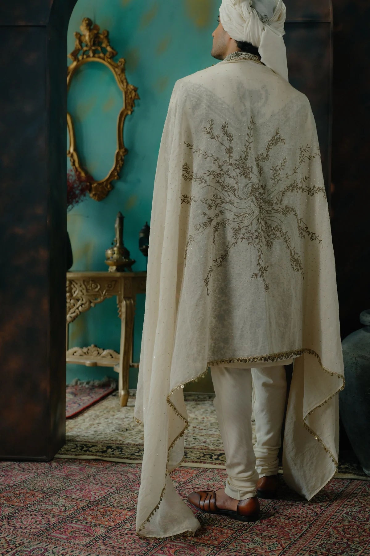 Silver veil hand embroidered silk sherwani set
