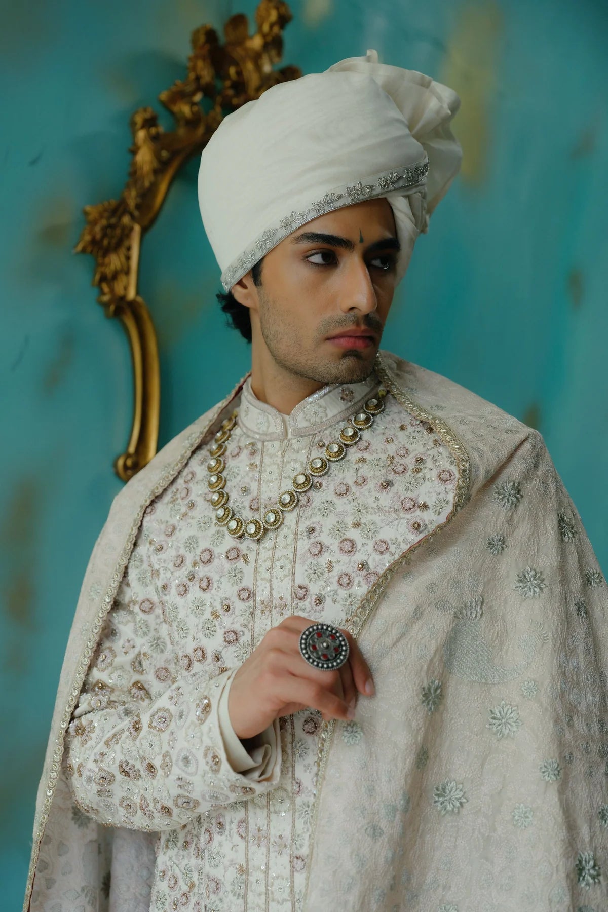 Rose cream hand embroidered silk sherwani set