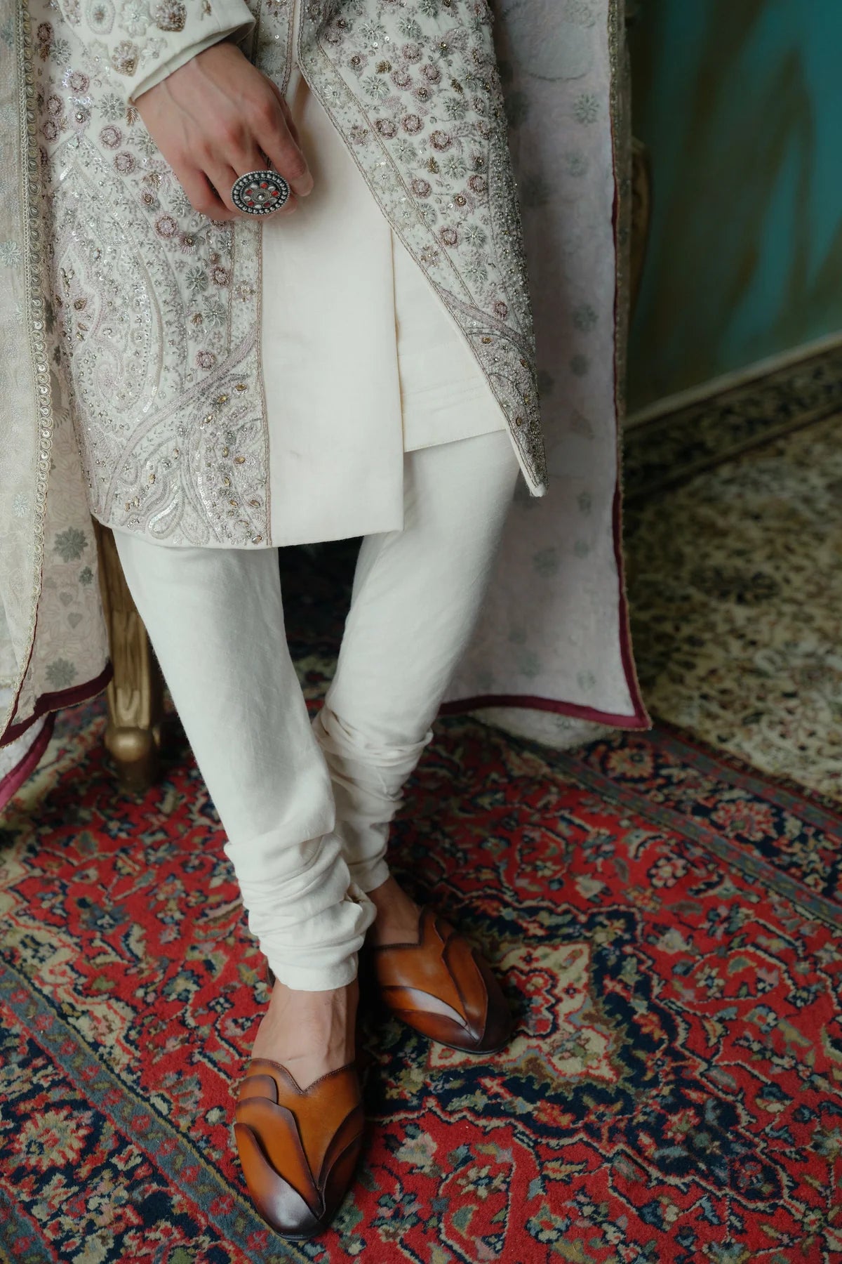 Rose cream hand embroidered silk sherwani set